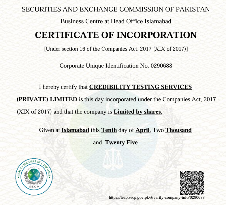CTS Testing Certificate Pakistan